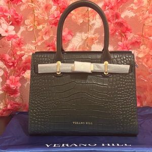 Verano Hill Olive Crocodile-Embossed Satchel